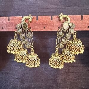 Bollywood Desi Peacock Jhumka Tiered Oxidized Gold tone Earrings